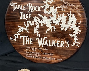 Engraved Table Rock Lake Map, Round Pine Wood Sign (24 inch)