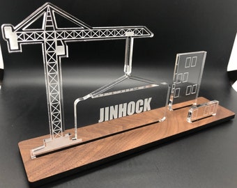 Personalized tower crane - construction desk name plate and business card holder.  Maple, Walnut, Cherry, Acrylic.