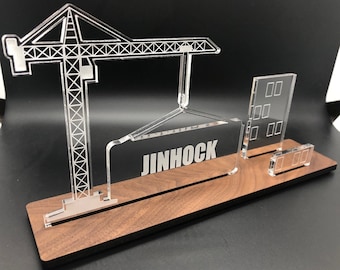 Personalized tower crane - construction desk name plate and business card holder.  Maple, Walnut, Cherry, Acrylic.