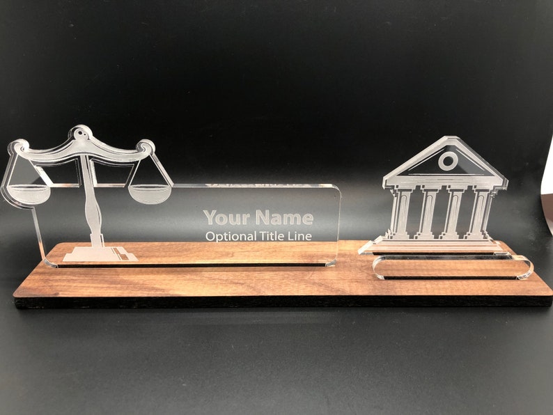 Personalized Lawyer Judge Court desk name plate and business card holder. Wood and Acrylic. image 2