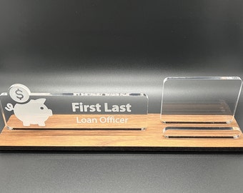 Personalized Banker - Loan Officer- Teller desk name plate and business card holder. Wood and Acrylic.