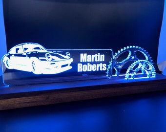 Personalized Motor Sport - Car - Automotive - Mechanic LED light desk name plate and business card holder. Wood and Acrylic.