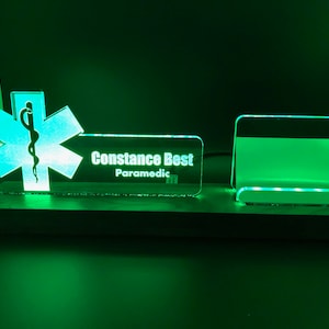 Personalized Nurse - Doctor - Physician - Medical - Healthcare LED light desk name plate and business card holder. Wood and Acrylic.