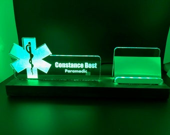 Personalized Nurse - Doctor - Physician - Medical - Healthcare LED light desk name plate and business card holder. Wood and Acrylic.
