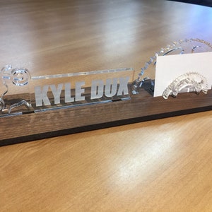 Personalized motocross - dirt bike - off road - motor sport desk name plate and business card holder.  Maple, Walnut, Cherry, Acrylic.