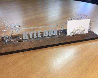 Personalized motocross - dirt bike - off road - motor sport desk name plate and business card holder.  Maple, Walnut, Cherry, Acrylic.