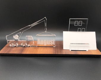 Personalized crane - construction desk name plate and business card holder.  Maple, Walnut, Cherry, Acrylic.