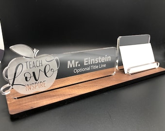 Personalized Teacher - School desk name plate and business card holder. Wood and Acrylic.