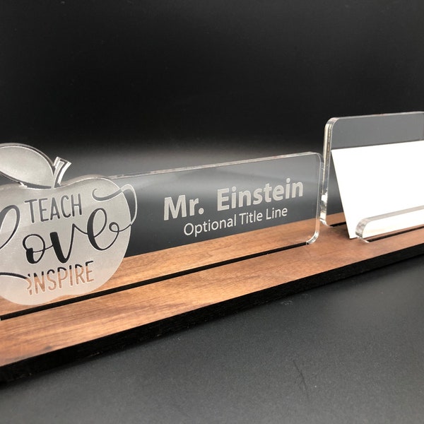 Personalized Teacher - School desk name plate and business card holder. Wood and Acrylic.