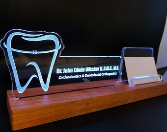 Personalized Dentist - Orthodontist LED light desk name plate and business card holder.  Wood and Acrylic.
