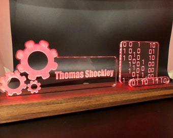 Personalized Electrician - Plumbing - Heating - Maintenance LED light desk name plate and business card holder. Wood and Acrylic.