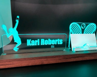 Personalized Athlete - Sport - Tennis - Golf - Football - Exercise LED light desk name plate and business card holder. Wood and Acrylic.