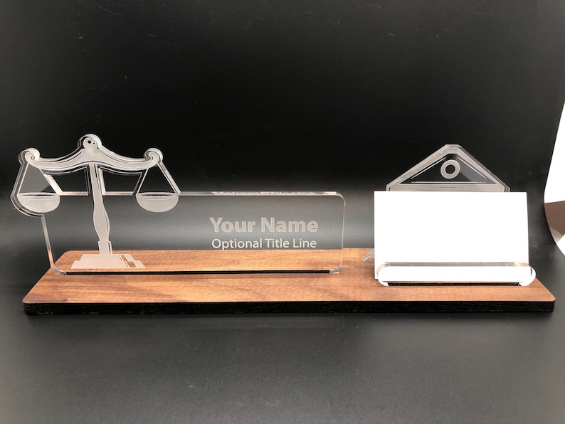 Personalized Lawyer Judge Court desk name plate and business card holder. Wood and Acrylic. image 3