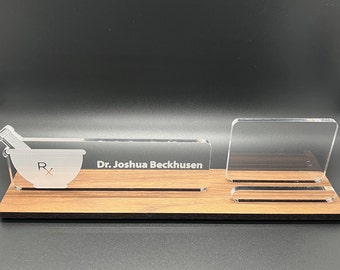Personalized Pharmacy - Pharmacist desk name plate and business card holder.  Wood and Acrylic.