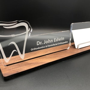 Personalized Dentist - Dental Hygienist - Orthodontist desk name plate and business card holder. Wood and Acrylic.