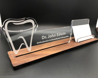 Personalized Dentist - Dental Hygienist - Orthodontist desk name plate and business card holder. Wood and Acrylic.