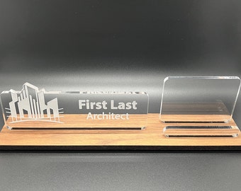 Personalized Architect desk name plate and business card holder. Wood and Acrylic.