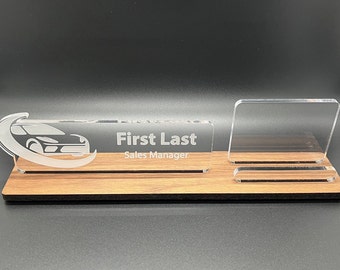 Personalized Car Sales desk name plate and business card holder. Wood and Acrylic.