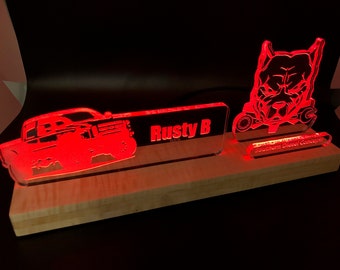 Add any profession/logo - personalized LED light desk name plate and business card holder.  Wood and Acrylic.