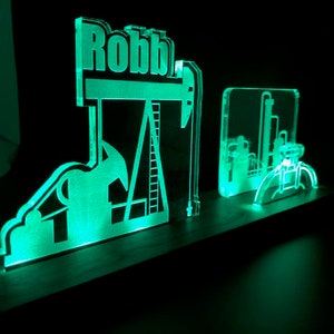 Personalized Oil Pump Rig LED light desk name plate and business card holder.  Maple, Walnut, Cherry, Acrylic.