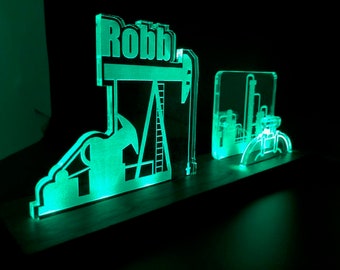 Personalized Oil Pump Rig LED light desk name plate and business card holder.  Maple, Walnut, Cherry, Acrylic.