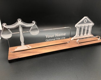 Personalized Lawyer - Judge - Court - Attorney desk name plate and business card holder. Wood and Acrylic.