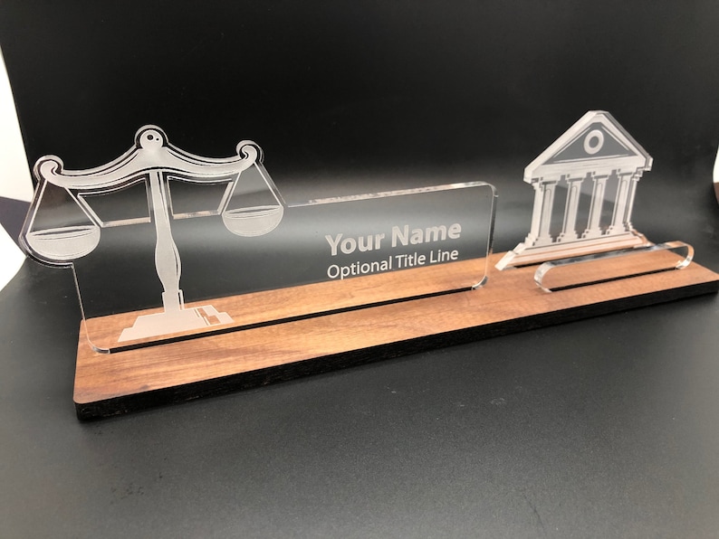 Personalized Lawyer Judge Court desk name plate and business card holder. Wood and Acrylic. image 1