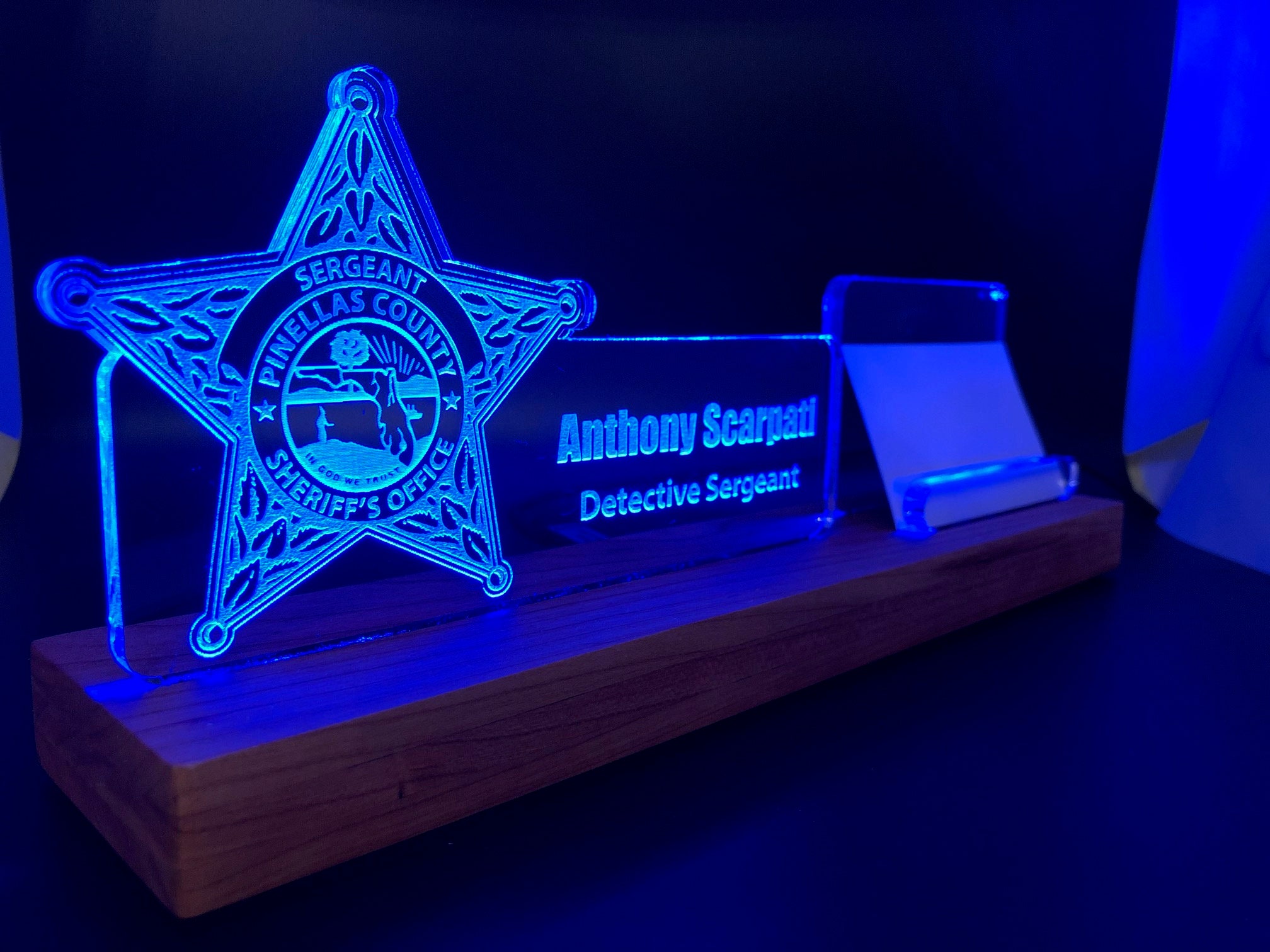 Personalized LED light desk name plate and business card holder.  Maple, Walnut, Cherry, Acrylic.