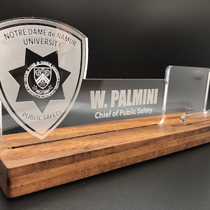 Personalized Police Officer LED light desk name plate and business card holder.  Wood and Acrylic.