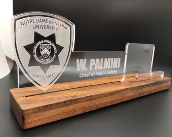Personalized Police Officer LED light desk name plate and business card holder.  Wood and Acrylic.