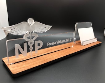 Personalized Career - Nursing - Doctor - Medical - Physician - Executive desk name plate and business card holder.  Wood and Acrylic.