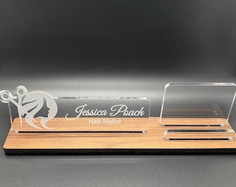 Personalized Hair Stylist - Hair Salon desk name plate and business card holder. Wood and Acrylic.