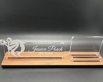 Personalized Hair Stylist - Hair Salon desk name plate and business card holder. Wood and Acrylic.