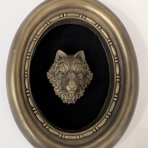 May include: A bronze-toned oval frame featuring a detailed wolf head sculpture set against a black velvet backdrop. The frame has an ornate, textured design. The wolf sculpture is highly detailed, with visible fur and facial features.