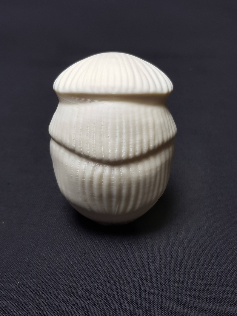 May include: A white ceramic egg-shaped object with a textured surface. The object has a rounded top and a slightly pointed bottom.
