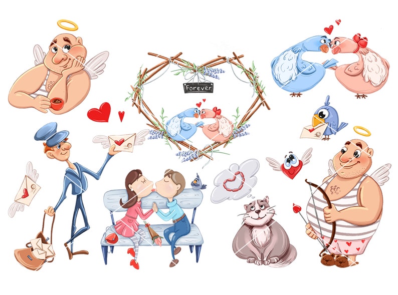Valentine/'s Day bundle of illustrations Pets Holidays Romantic collection Angels Hearts Cupid Love clipart Wings