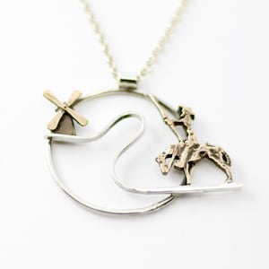 Don Quixote - Hand-engraved silver and bronze necklace, item 387