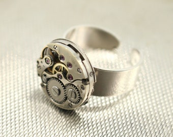 Vintage watch mechanism ring in 925 silver (adjustable base), round art.352