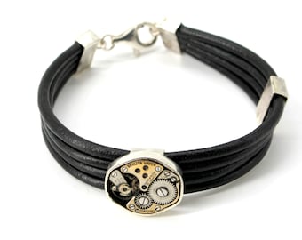 Black leather industrial bracelet and de'poca watch mechanism - men's bracelet with silver leather threads #235