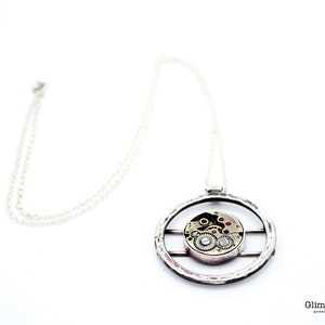 Medallion with wrought circle and vintage clock mechanism Pendant with clock gear necklace with silver chain art.293 image 3