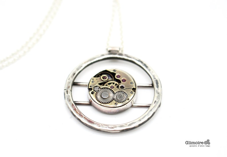 Medallion with wrought circle and vintage clock mechanism Pendant with clock gear necklace with silver chain art.293 image 1