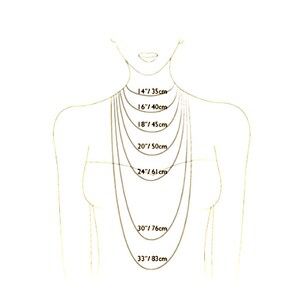 May include: Diagram showing different necklace lengths in inches and centimeters. The lengths are 14 inches/35 cm, 16 inches/40 cm, 18 inches/45 cm, 20 inches/50 cm, 24 inches/61 cm, 30 inches/76 cm, and 33 inches/83 cm.