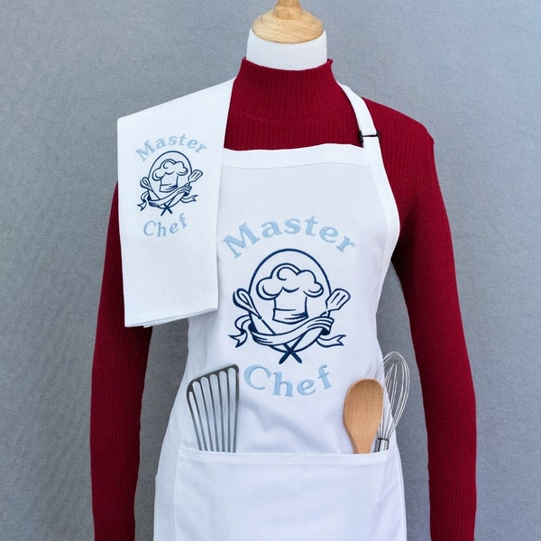 Master Chef  Aprons and Tea Towel Sets, Adult and Child Aprons, Adjustable Neck Strap with Pockets, Embroidered Aprons, Gifts under 50