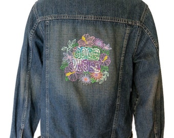 Good Vibes - Embroidered Denim Jacket, Upcycled Wearable Art, Women's Small