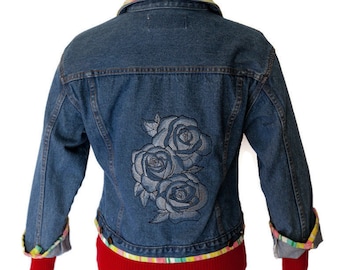 Sumptuous Rose Trio - Embroidered Denim Jacket, Upcycled Wearable Art, Women's Large