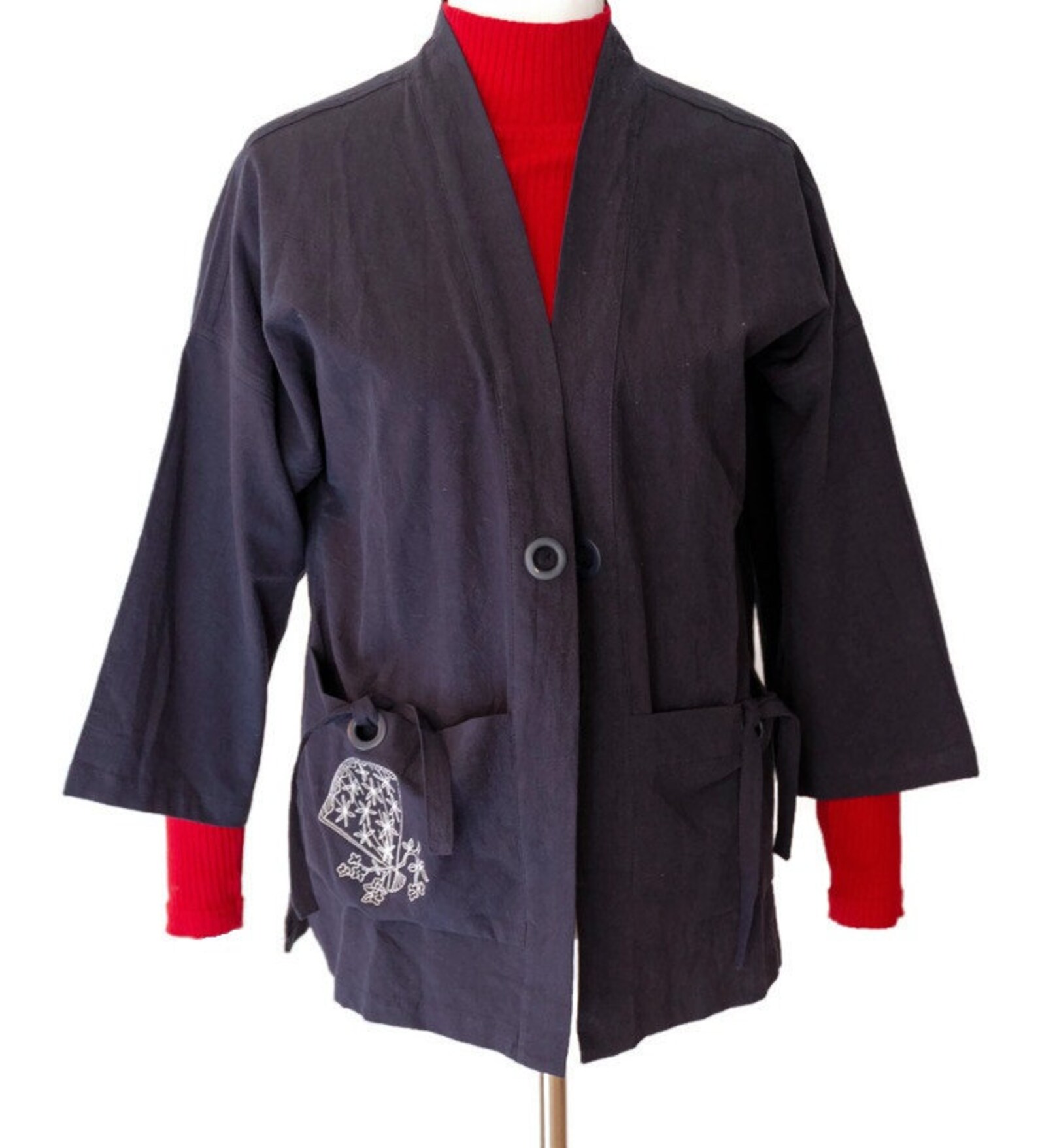 Kimonostyle Embroidered Jacket Navy Blue Cotton Upcycled Etsy
