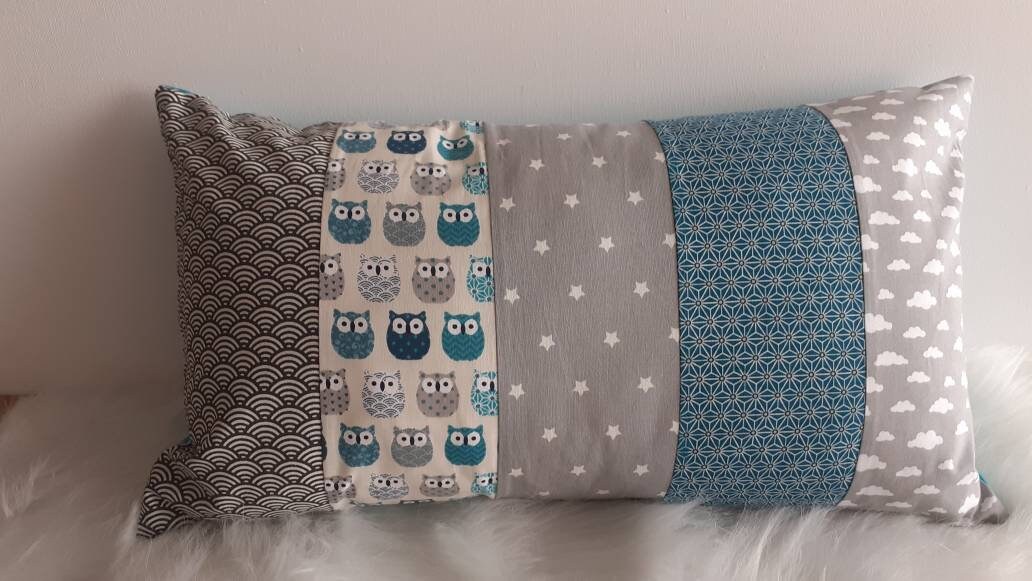 Coussin Patchwork Hibou Bleu