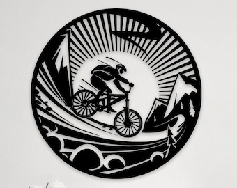 Metal Wall Decor, Metal Biker Wall Art, Mountain Tree and Cyclist Wall Art, Bicycle Lover Gift, Home Decoration, Wall Hangings