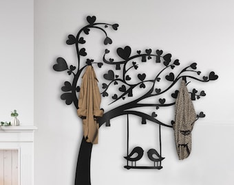 Extra Large Metal Tree Coat Rack: Modern Wall Decor with Bird Detail