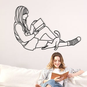 Woman Reading a Book Metal Wall Decor, Cat Metal Wall Art, Library Wall Art Home Wall Hangings, Geometric Wall Art, Home Metal Decor